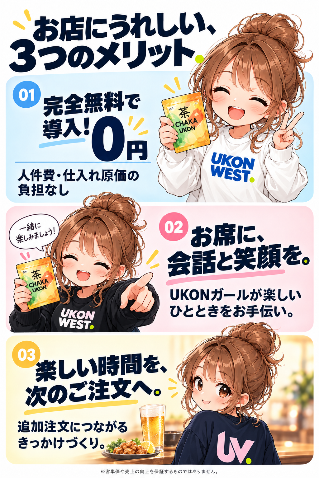 お店にうれしい、3つのメリット。1 完全無料で導入、0円。人件費・仕入れ原価の負担なし。2 お席に、会話と笑顔を。UKONガールが楽しいひとときをお手伝い。3 楽しい時間を、次のご注文へ。追加注文につながるきっかけづくり。客単価や売上の向上を保証するものではありません。